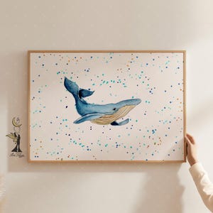 Blue Whale Art Print, Watercolor Ocean Animal Nursery Decor, Coastal Wall Art for Kids Room or Bathroom, Marine Life Summer Illustration