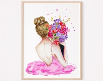 Floral Ballerina Watercolor Print: Romantic Woman with Flowers