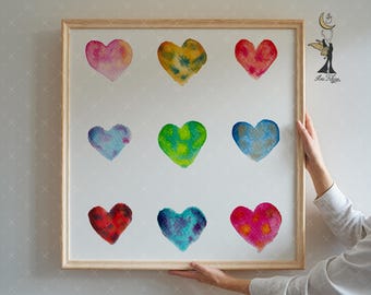 Watercolor Heart Print: Rainbow Love Art, Modern Nursery Decor