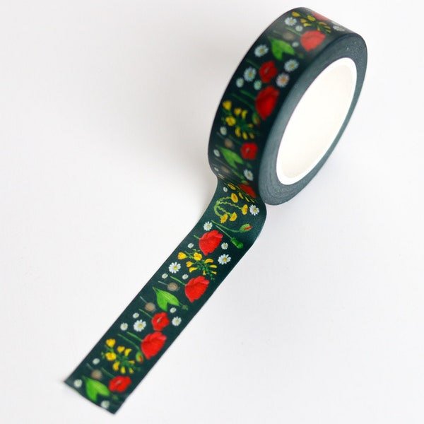 Washi tape with original aquarelle meadow illustration. Original design.