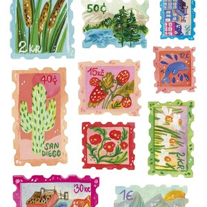 Adesivi per francobolli postali. Illustrazione originale ad acquerello per ogni anima viaggiatrice. 10 adesivi/foglio.