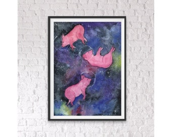 Imprimer | Univers rose - adorables petits cochons | Illustration aquarelle originale 30 x 40