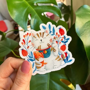 Sticker chat porte-bonheur Maneki neko - illustration originale. Autocollant unique. Autocollant PVC.