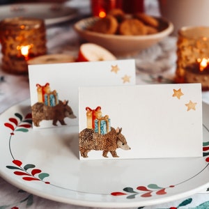 Tarjetas navideñas con armadillo navideño / tarjeta de mesa / 10 etiquetas con nombres / ilustración original de acuarela / etiquetas con nombres navideños