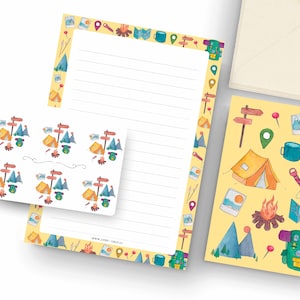 Set d'écriture de lettres | illustrée de lettres sur le thème du camping | Papier à lettres, enveloppes, autocollants, cartes postales