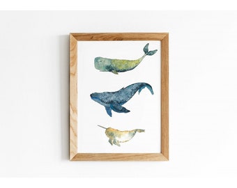 Print / Póster de lindas ballenas/ Ilustración original en acuarela / Dos tamaños 21x29,7 / 40x30
