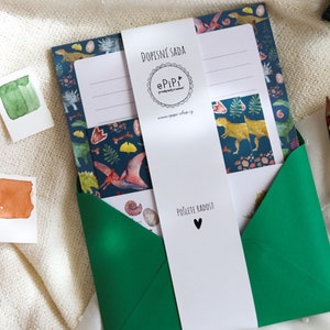Juego de escritura de cartas / juego de cartas ilustradas - dinosaurios / Papel de carta, sobres, pegatinas, postales