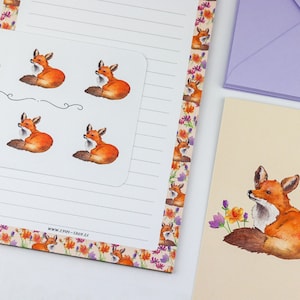 Set d'écriture de lettres | de lettres illustrées - Renard mignon | Papier à lettres, enveloppes, autocollants, cartes postales