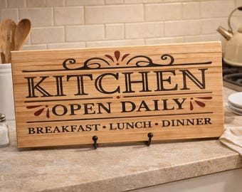 Rustic Kitchen Open Daily Sign | Farmhouse Kitchen Wall Decor | Vintage Style Kitchen Sign | Handmade Wood Sign