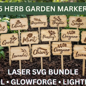 Paquete SVG de marcadores para jardín de hierbas / Estacas para plantas cortadas con láser / SVG de marcadores para jardín / Archivos xTool Glowforge LightBurn / Etiquetas para plantas de hierbas