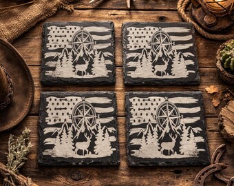 Compass Slate Coasters | Rustic Adventure Coasters | Cabin Decor | Engraved Stone Drink Coasters | Outdoor Lover Gift