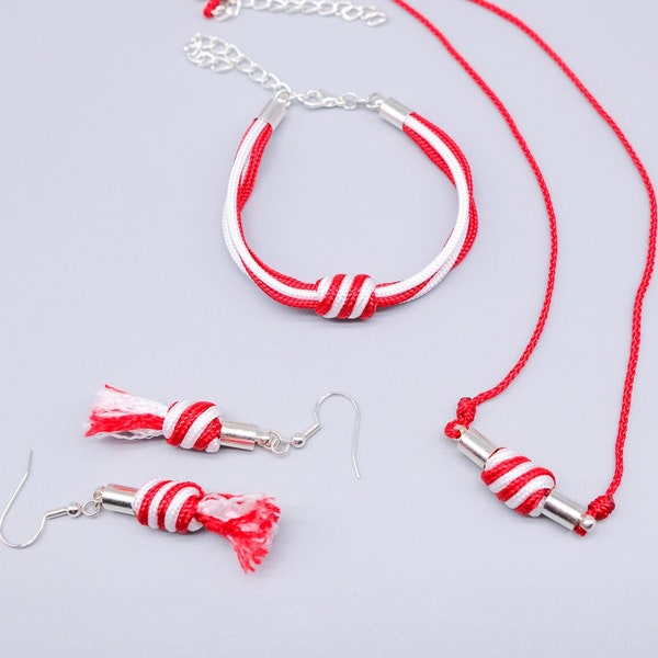 Parure de bijoux : bracelet, collier et boucle d'oreille en paracord nœud en spirale rouge et blanc