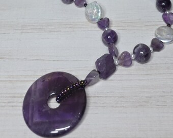 Colgante circular de amatista, collar de amatista y perlas, colgante de amatista