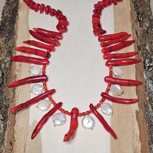 Natural red dyed coral necklace, Coral necklace, Sea inspired, Pearl and coral necklace