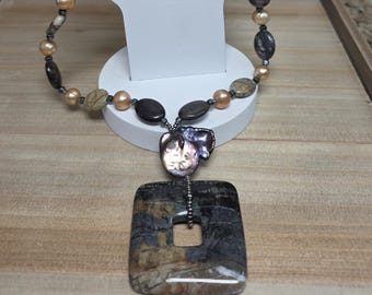 Colgante grande de jaspe, colgante cuadrado, colgante de jaspe, colgante de jaspe y perla