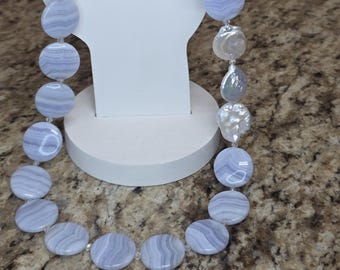 Gargantilla de encaje azul, collar de perlas barrocas, collar de ágata y perlas de encaje azul