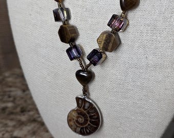 Colgante de amonita, collar de amonita y ojo de tigre, collar fósil