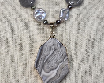 Collar de jaspe Picasso, collar de ágata y perlas, colgante de jaspe
