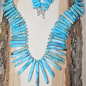 Turquoise colored daggers, Aqua jasper necklace, Impression jasper necklace