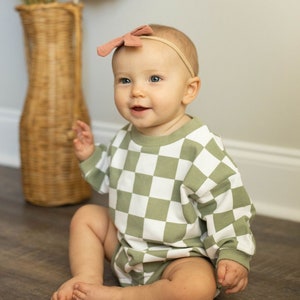 Oversized sweatshirt Gender Neutral Check Retro romper baby boy girl romper,Girl bubble romper Organic cotton long sleeve bodysuit