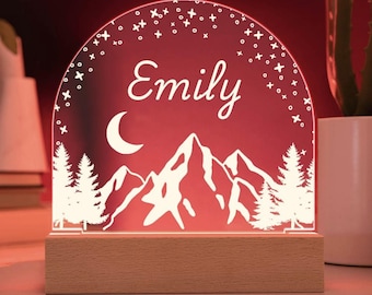 Personalized Mountain Moon LED Night Light - Custom Nursery Decor