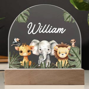 Personalized jungle animal light, baby bedtime lamp, Wooden Stand & Acrylic Top