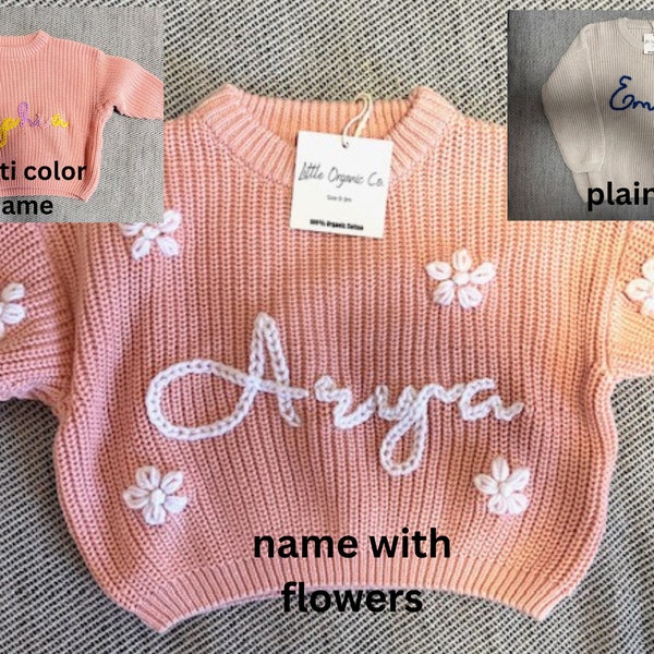 Custom Hand embroidery Organic Chunky Knitted sweater for baby, Neutral oversized knit children's sweater, baby announcement gift newborn