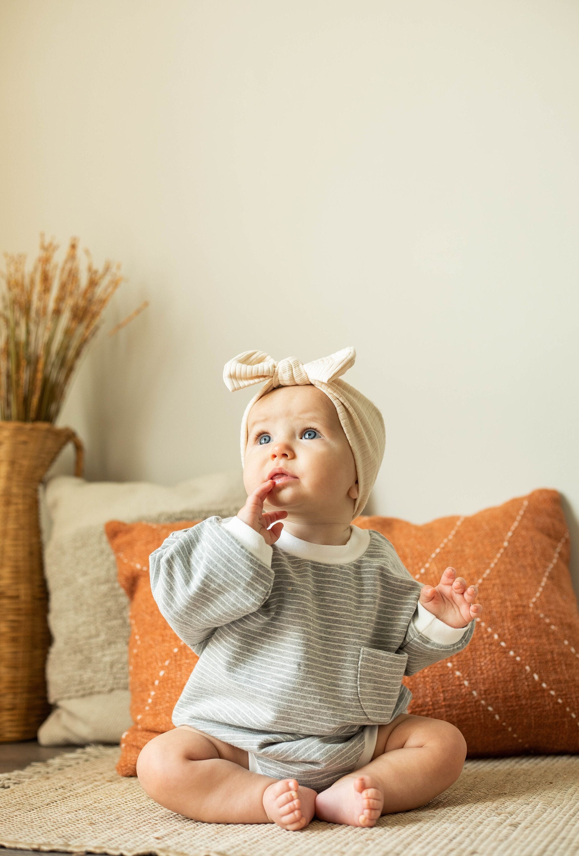 Baby Terry Cloth Long Sleeve Checkered Romper (3-24m) - Sage Green