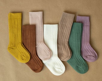 Kids socks Earth Tones Stretch Boho kids Socks ,Uniform Romper and Dress Socks, Baby Girl Boy knee High Organic Ribbed Socks with Spandex