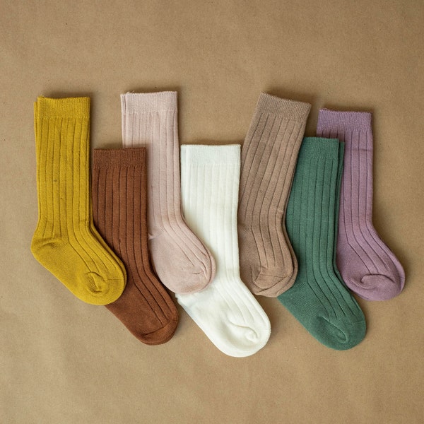 Kids socks Earth Tones Stretch Boho kids Socks ,Uniform Romper and Dress Socks, Baby Girl Boy knee High Organic Ribbed Socks with Spandex