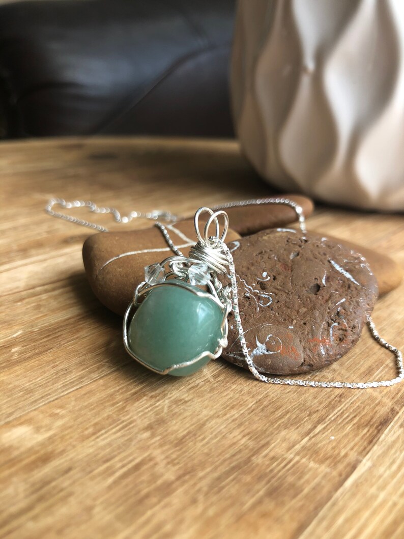 Aventurine Green Stone and crystal Sterling Silver Necklace