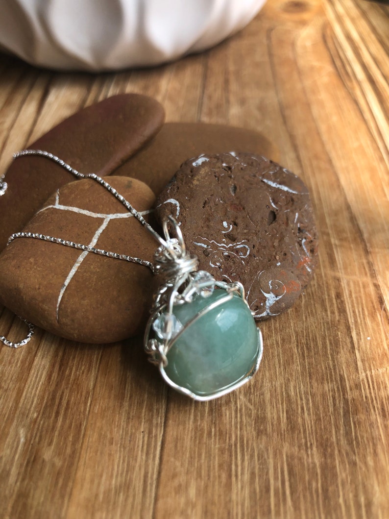 Aventurine Green Stone and crystal Sterling Silver Necklace