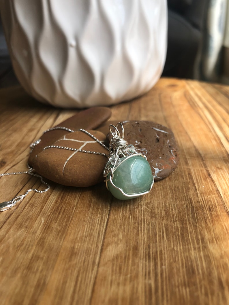 Aventurine Green Stone and crystal Sterling Silver Necklace