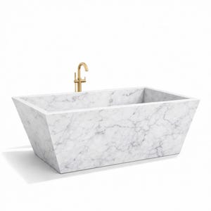 May include: A rectangular white marble bathtub with a gold faucet. The tub has a geometric design with angled sides. The marble has gray veining throughout. The faucet is a gooseneck style.