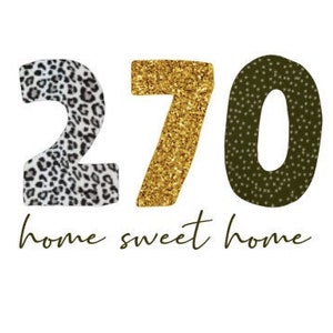 May include: A decorative print featuring the number "270" with a leopard print "2", gold glitter "7", and olive green dotted "0". The phrase "home sweet home" is written in a cursive font below the numbers.