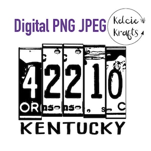 May include: Digital PNG JPEG graphic showing black and white license plates. The plates display the numbers 4, 2, 2, 1, and 0, with the word "KENTUCKY" at the bottom. A circular logo with the text "Kelcie Krafts" is in the upper right corner.