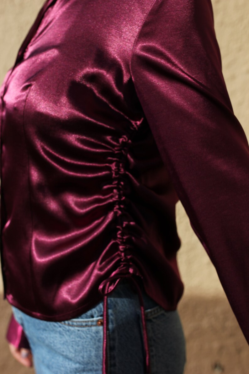 fall 2020 shirt red button up Vtg Maroon Ruched Shirt cropped holiday retro 90s work from home