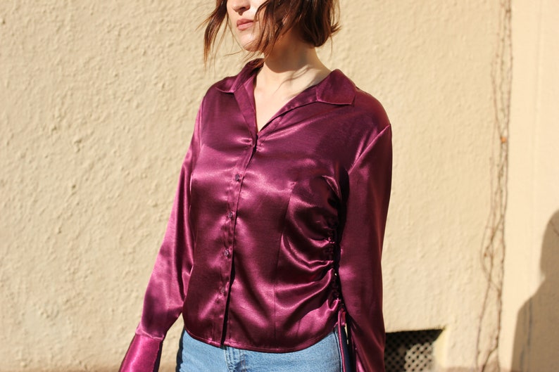 fall 2020 shirt red button up Vtg Maroon Ruched Shirt cropped holiday retro 90s work from home