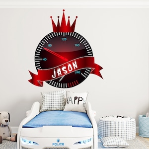 Custom Name Speedometer Racing Car Checkered Flags Wall Decal Wheel F1 Decal Personalized Racing Car Flag Vinyl Wall Sticker-Boy Room 1064EZ
