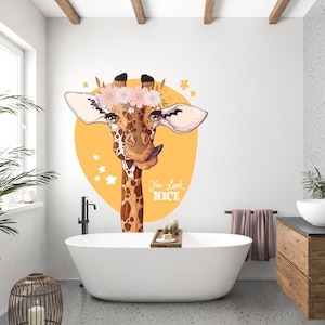 Funny Giraffe with Flower Wall Decal Giraffe decor 990EZ