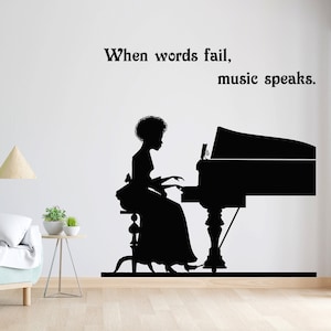 Afro Girl Playing Piano wall art decal - Piano wall sticker - Music Gifts wall art -  Piano Room Music Studio Wall vinyl Decoration 725SE