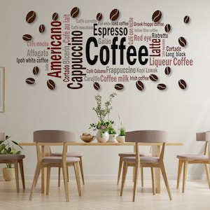 Decoração de parede de cafeteria, decalque de arte de parede de cafeteria, decalque adesivo de vinil de café, decoração de bar e restaurante, adesivos de café, decalques de cozinha 524SE