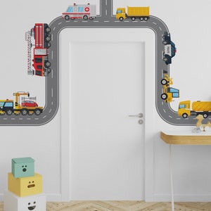 Transportation Wall Decal, Vehicles Cars Wall Sticker, City Road Wall Decor, Road Fire Truck Ambulance Police Bulldozer Mixer Wall Art 574SE