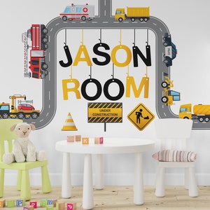 Custom Name Constuction, Transportation Wall Decal, Vehicles Cars Wall Sticker, City Road Wall Decor Roads Fire Truck Ambulance Police 575SE