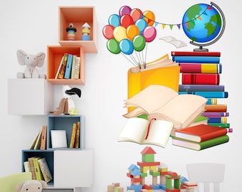 May include: A white bookshelf with colorful books, a stuffed elephant, a stuffed bird, and a stuffed lamb. A white table with a stack of colorful wooden blocks and a basketball. A globe with a string of colorful balloons and a stack of books.