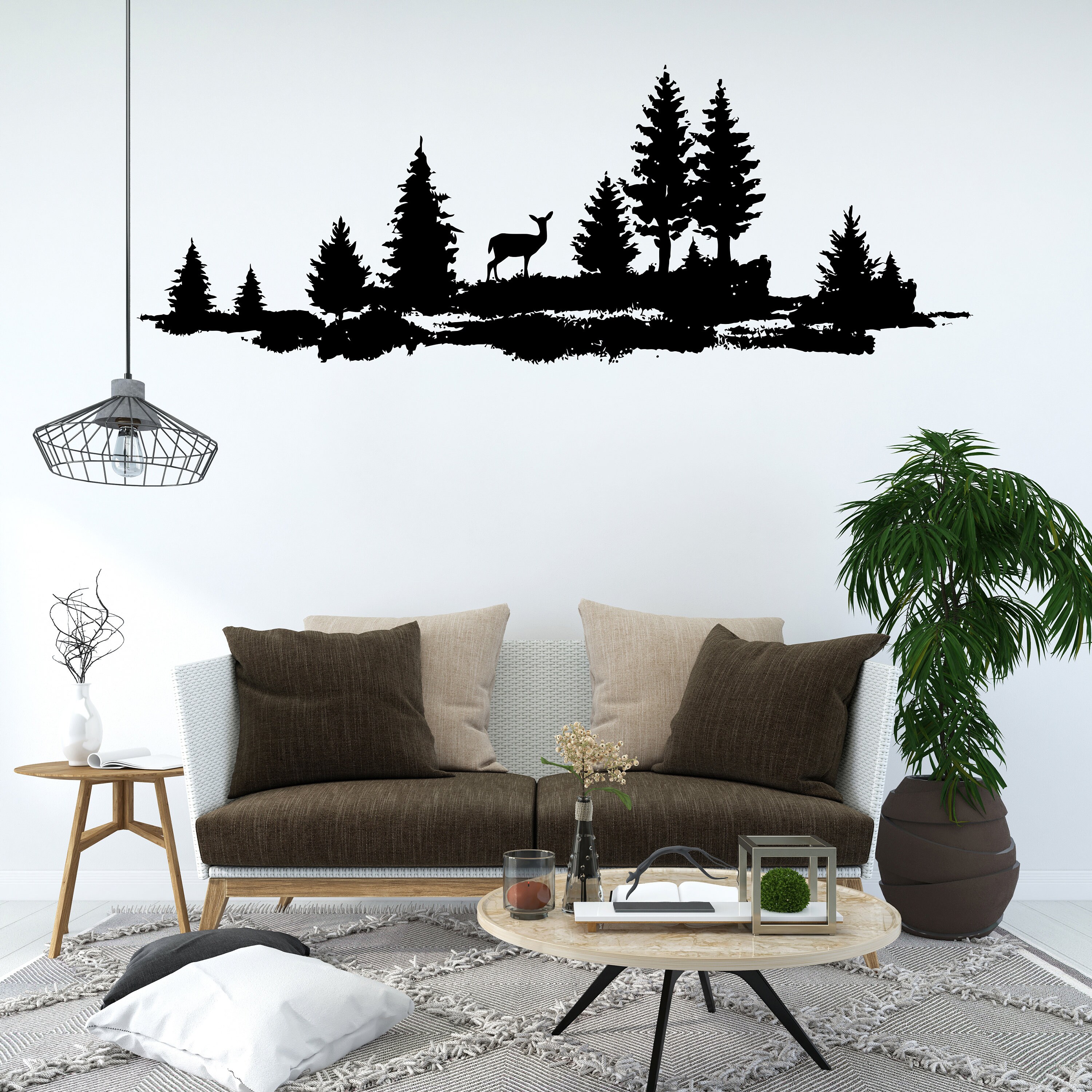 Forest Deer Pine Tree Wall Art, Forest Wall Decal, Deer Hunting, Tree ...