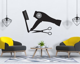 Adhesivo decorativo para pared o ventana de peluquería: herramientas para el cabello, tijeras, barbería, salón de belleza SG655
