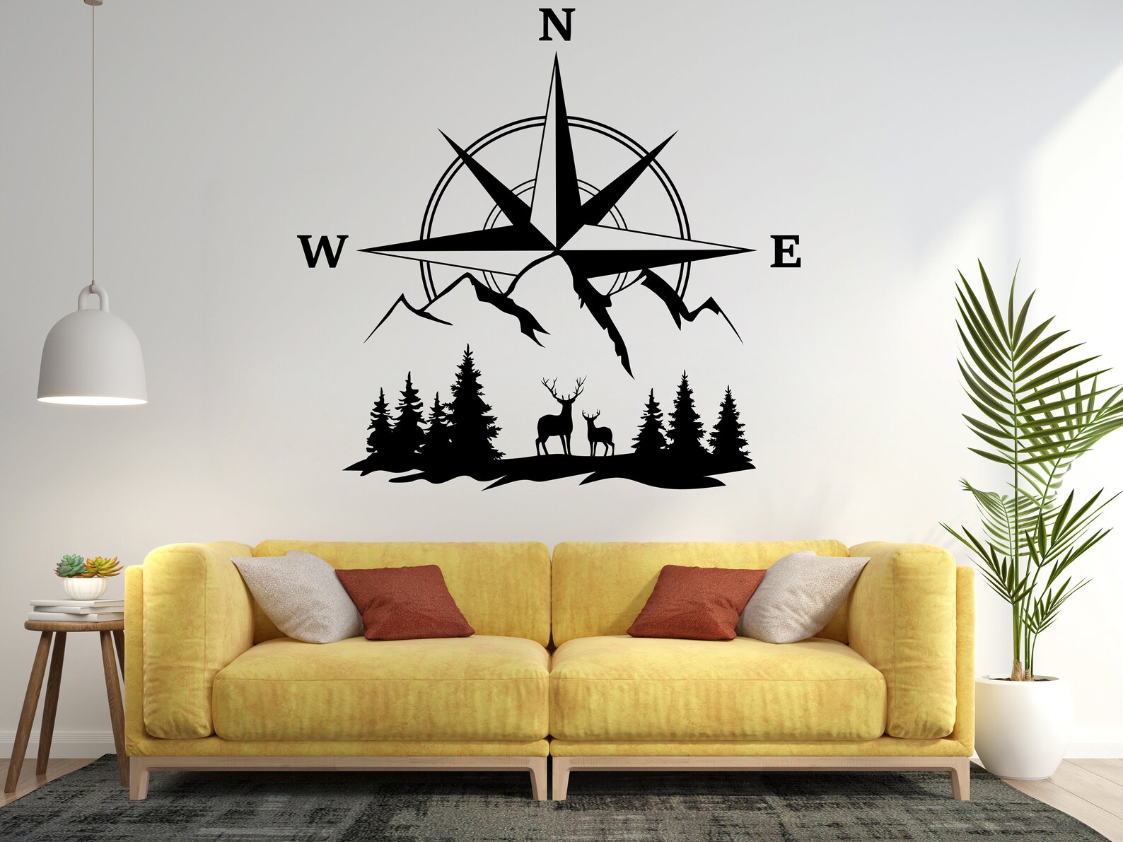 Compus With Deer Compass Mountain Deer Wall Art Decal, Compass Nautical Travel Wall ...