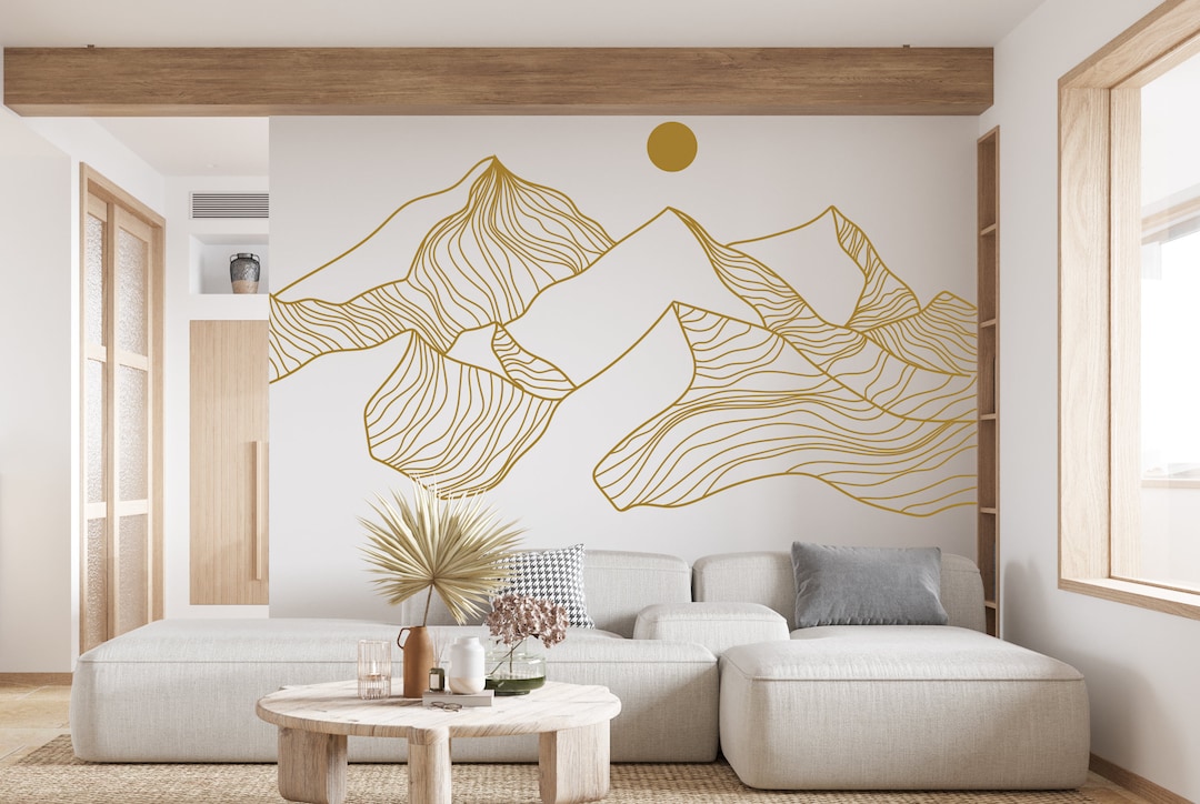 Golden Mountain Wall Art Decal, Moon Wall Decal, Mountain Line Art Wall