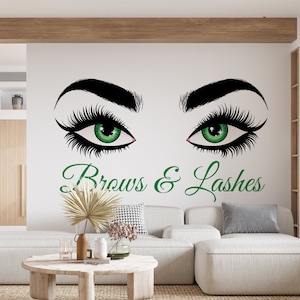 Eyelashes Wall Decal Brows wall Decor Custom Logo Beauty Salon Stickers Green Eyes Eyelashes wall art Business Logo Custom Decal 1529EZ
